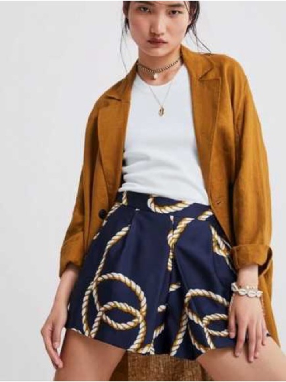 Zara Navy Rope Print High-Waisted Pleated Shorts XS